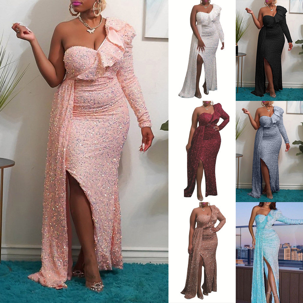 Fashion New One Shoulder Sequin Bridesmaid Party Long Dress