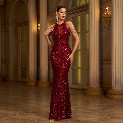 Elegant Sleeveless Round Neck Sequins Slim Sheath Banquet Fishtail Dress