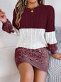 Casual Color Block Cable Knit Lantern Sleeve Sweater Dress