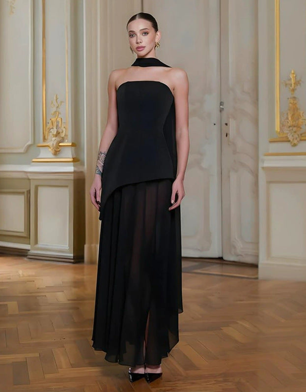 Womens Solid-Color Strapless Dress With Fluttering Ties And A Slit