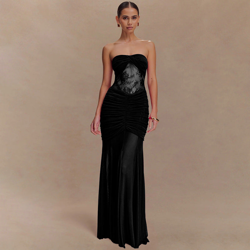Strapless Lace-panelled Asymmetrical Dress