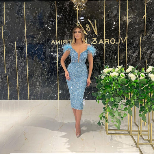 Deep V Sequined Sexy Feather Sequins Sleeveless Formal Dress