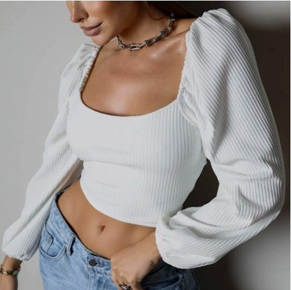 Temperament Ribbed Drawstring Lantern Sleeve Tight Fashion Top Backless Sexy