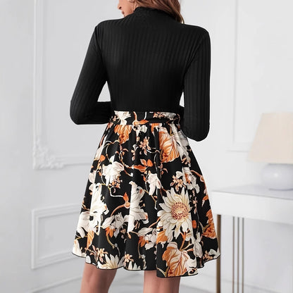 Long Sleeve Round Neck Belt Dress Fashion