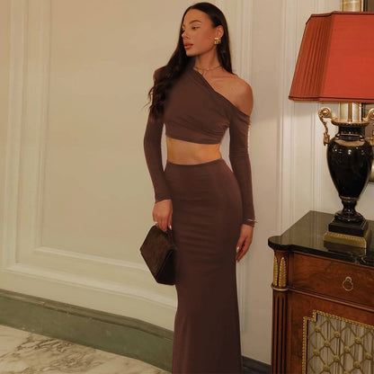 Women's Fashion Shoulder-baring Long-sleeved Top Slim Skirt Suit