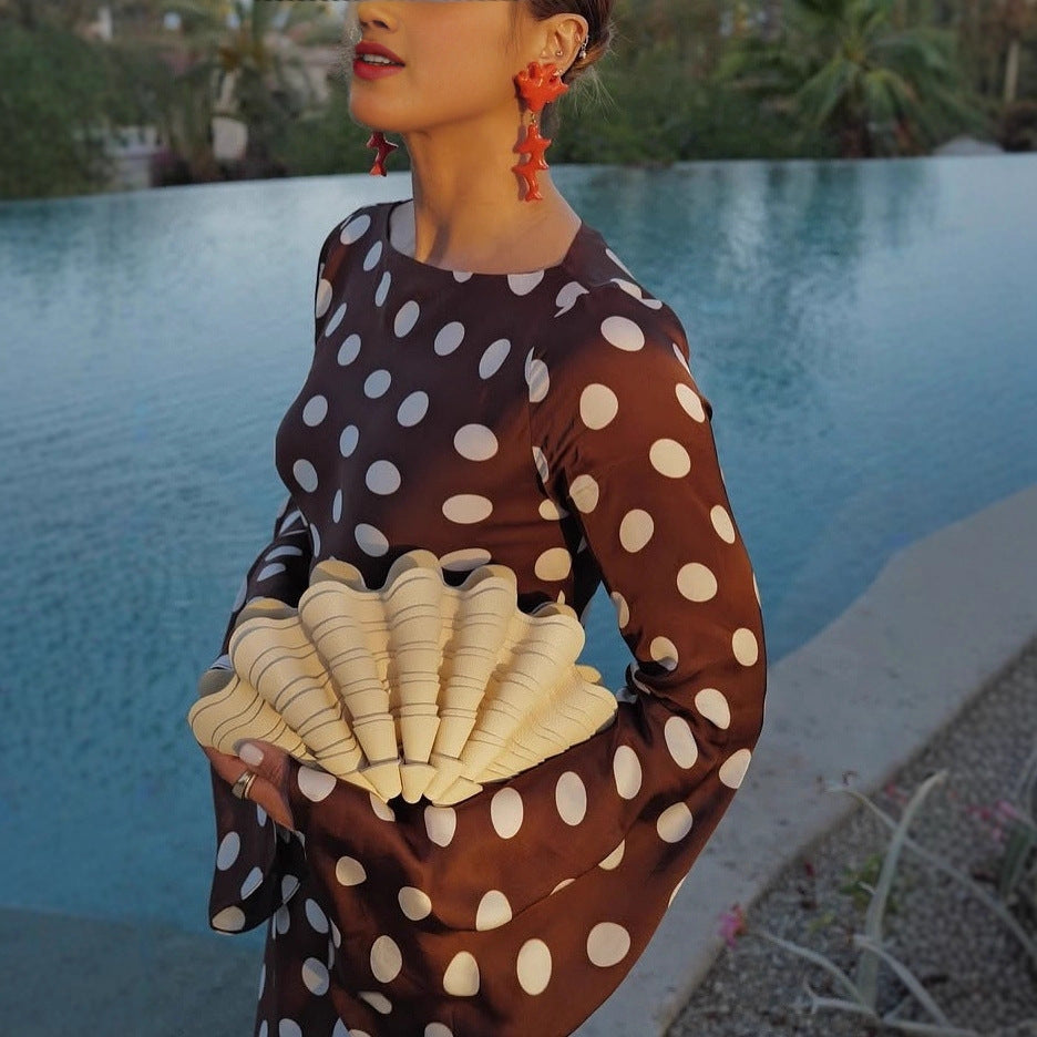 Polka-dot Round-neck Long-sleeve Flared-sleeve Dress