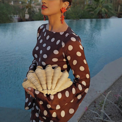 Polka-dot Round-neck Long-sleeve Flared-sleeve Dress