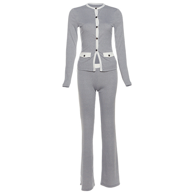 Women's Round Neck Button Contrast Color Suit