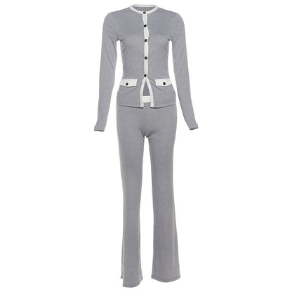 Women's Round Neck Button Contrast Color Suit