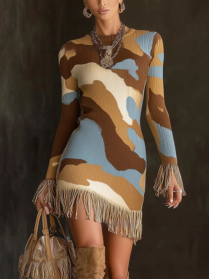 Round-neck Knitted Tassel Bodycon Dress With Digital Print