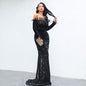 Women Sexy Off Shoulder Long Sleeve Feather Elegant Sequin Maxi Dresss
