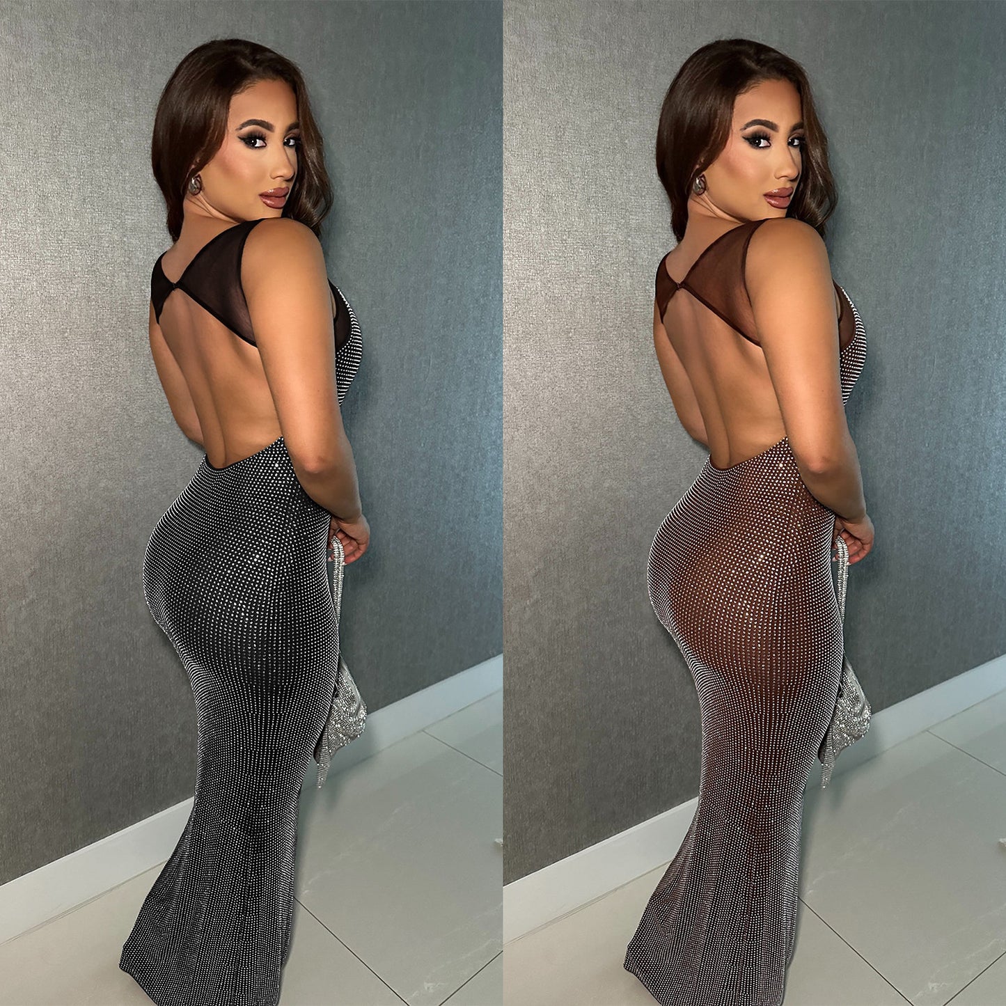 Wear Sexy Mesh Hot Drilling Arm Covering Backless Dress