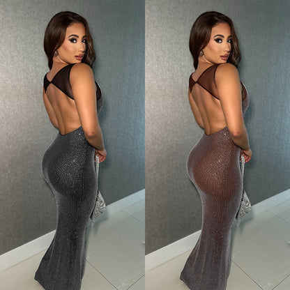 Wear Sexy Mesh Hot Drilling Arm Covering Backless Dress