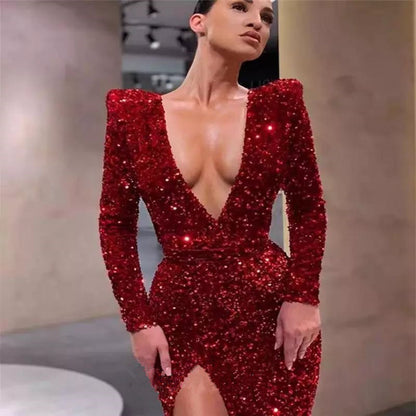 Women's Sexy Deep V Long Sleeve Slim-fit Sequined Dress