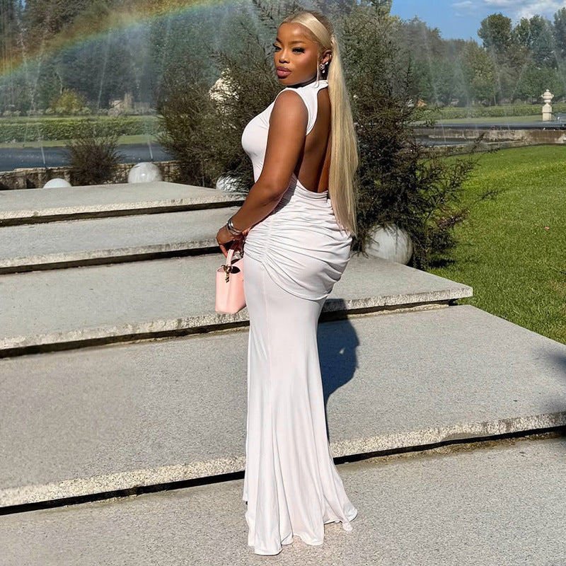 Ruched Crew-neck Strap Sleeveless Dress