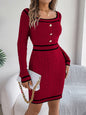 Elegant Square Neck Button Long Sleeve Sweater Dress