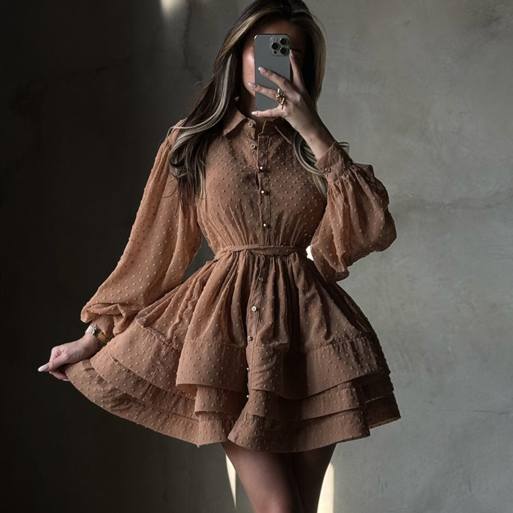 Lapel-collar Long-sleeve Single-breasted Button-up Belted Shirt Dress