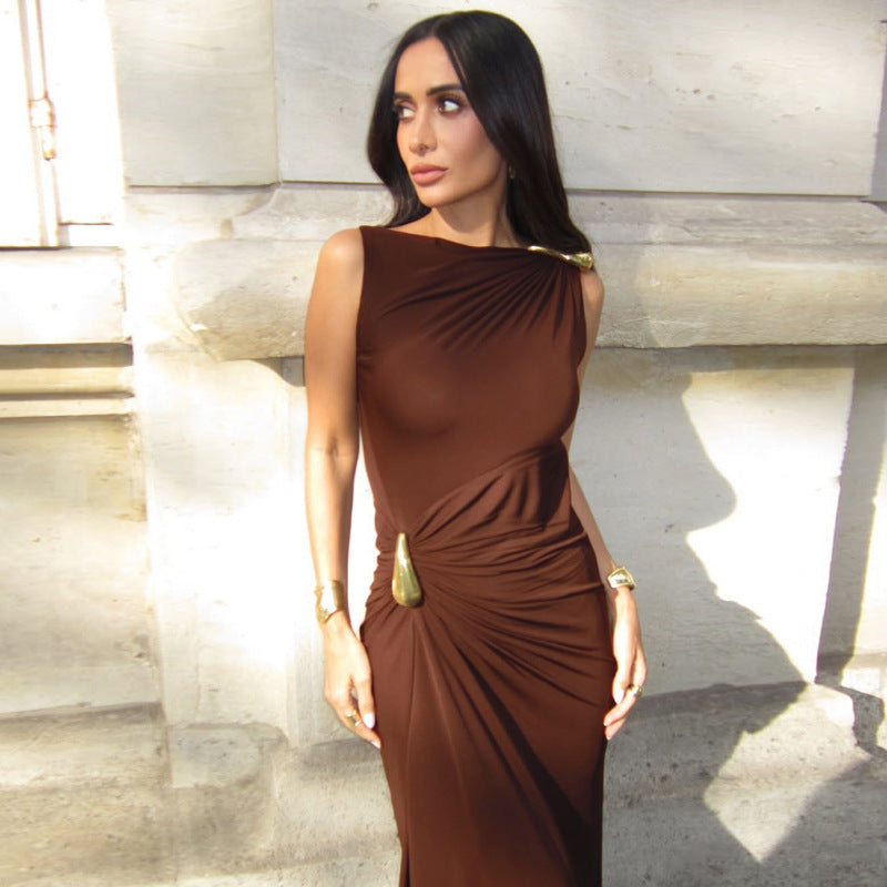 Women's Fashion Sexy Slim Metal Decoration Pleated Sleeveless Bodycon Dress