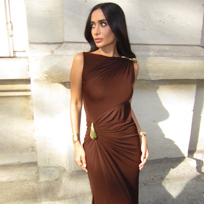 Women's Fashion Sexy Slim Metal Decoration Pleated Sleeveless Bodycon Dress