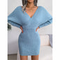 Women's Batwing Sleeve Sweater Dress - Sexy Off The Shoulder V-Neck Mini Dress, Solid Color