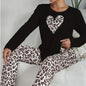 Casual Heart Leopard Print Pajamas Set Loose Long Sleeve Ladies