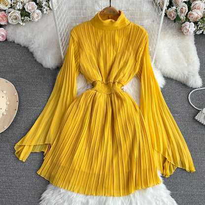 Horn Long Sleeves Stand Collar Waist A-line Chiffon Dress