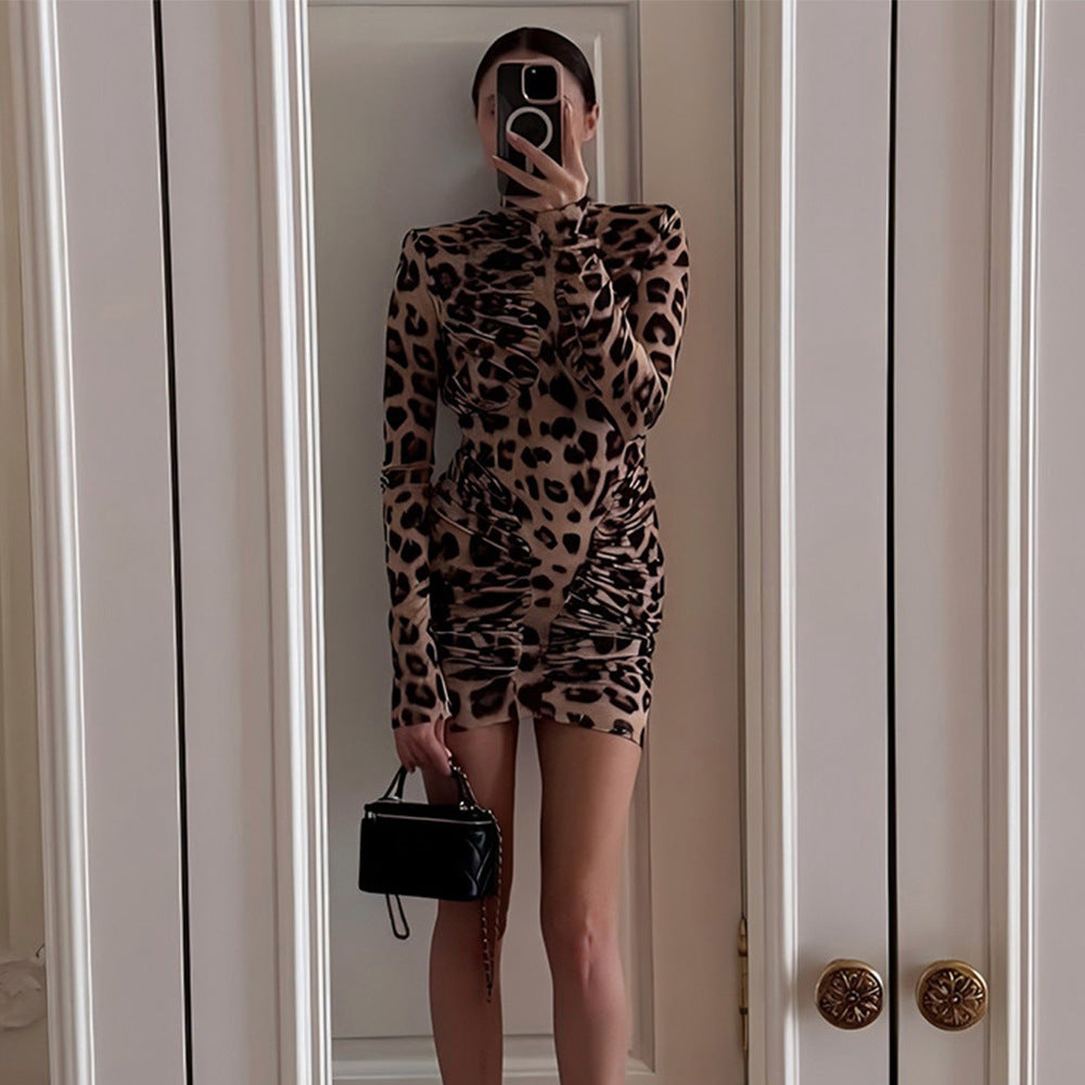 High-neck Leopard Print Tight Backless Bodycon Dress