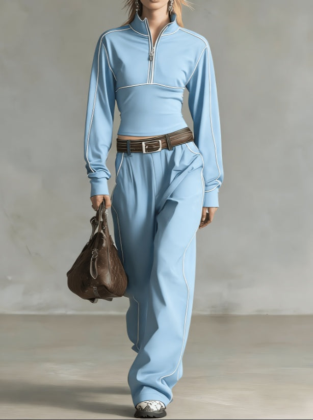 Stand-up Collar Short Zip-up Top Wide-leg Pants Casual Sportswear Set