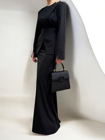 Black Pinstripe Maxi Dress With Structured Waist And Gold Button Accent