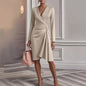Solid Color Slim-fit Long Sleeve V-pleated Design Dress