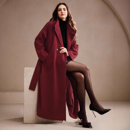 Women's Double-breasted Long Wool Coat With Suit Collar