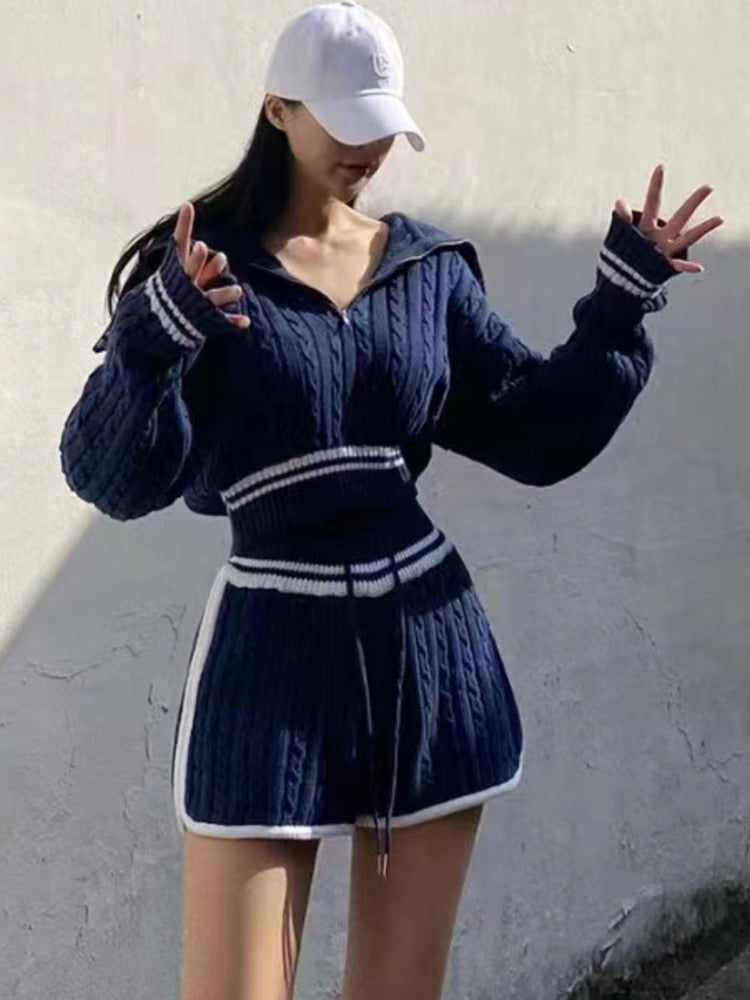 Fashion Cable-knit Sweater Shorts Suit