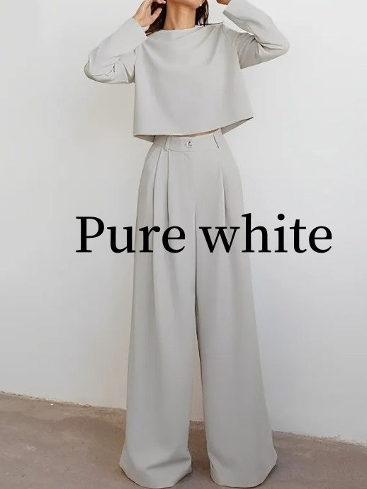 Brown Fashionable Korean Style Long Sleeve Pure Color Cotton Two-piece Set