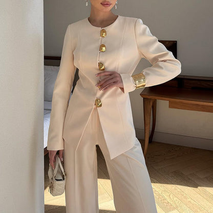 Women's White Top Straight Loose Trousers Suit