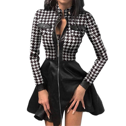 Women's PU Leather Mini Dress - Long Sleeve V-Neck Zipper Party Dress
