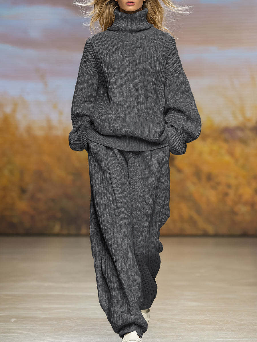 Knitted Loose Fitting Turtleneck And Wide Leg Pants Set
