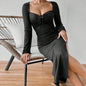 French Elegant Socialite Style Dress For Women Autumn And Winter Square Neck Sexy Slit Fitted Midi Dress