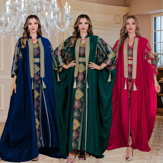 Middle East Muslim Embroidered Robe Abaya Light Luxury Evening Gown Two-piece Set Dress