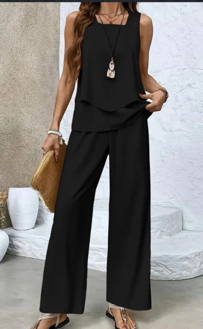 Print Suits Sleeveless Double-layer Vest And Loose Straight Pants Womens Clothing