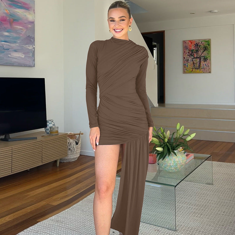 Women's Fashion Slim-fit Round Neck Pleated Sheath Streamer Long Sleeve Dress